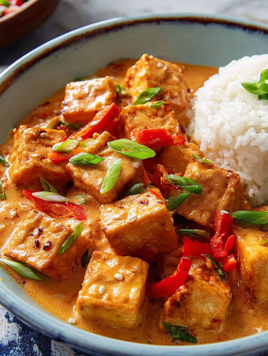 A bowl of spicy tofu with creamy coconut sauce.