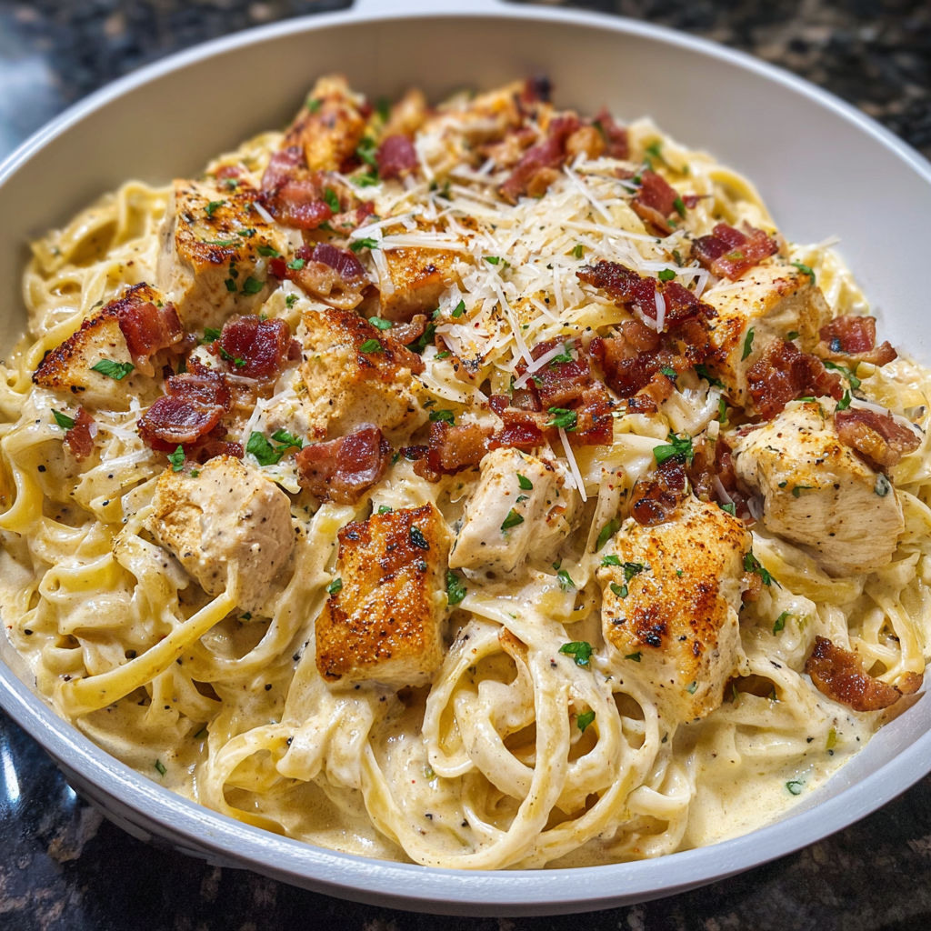 A bowl of chicken alfredo with bacon and cheddar cheese.
