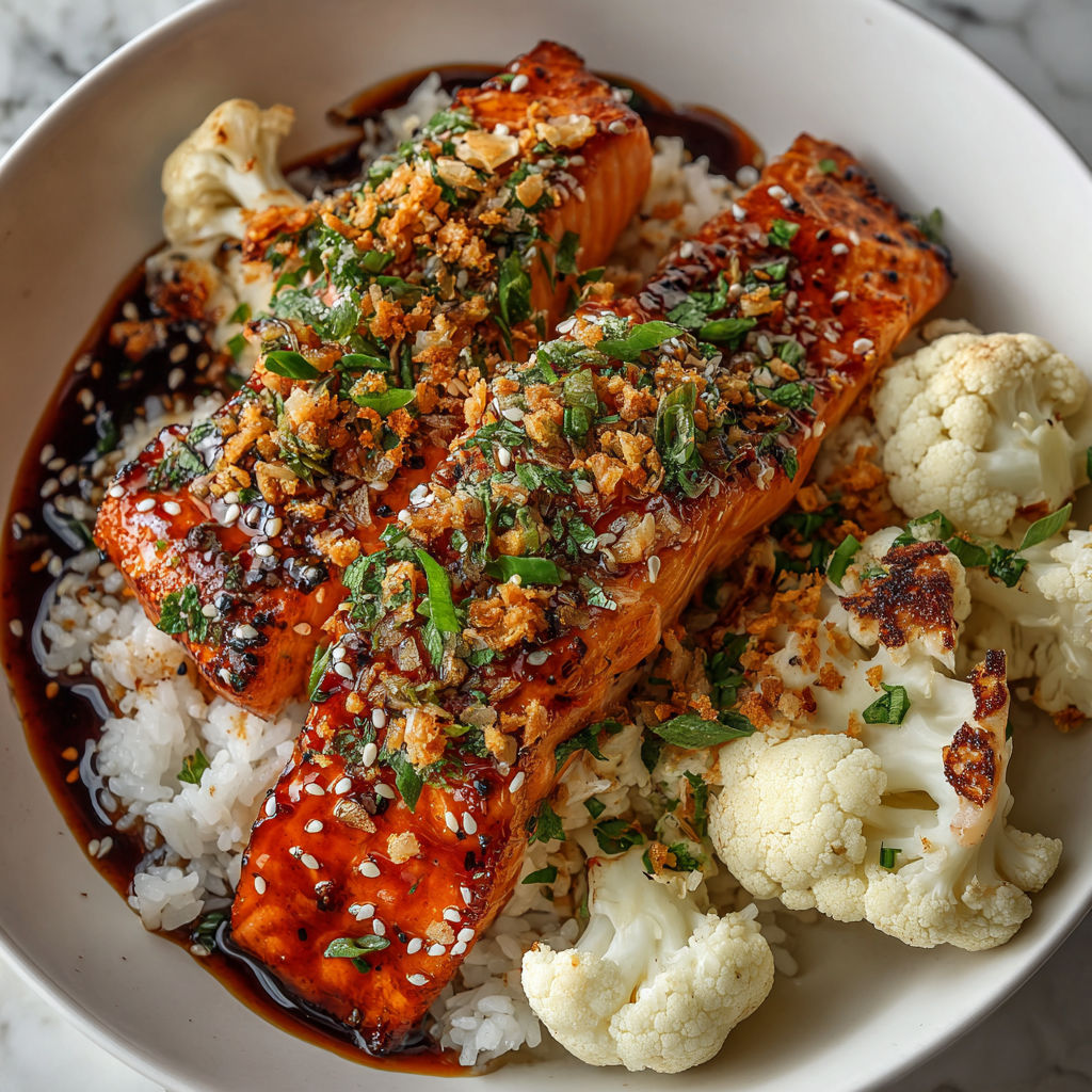 A bowl of food with salmon, rice, and vegetables.