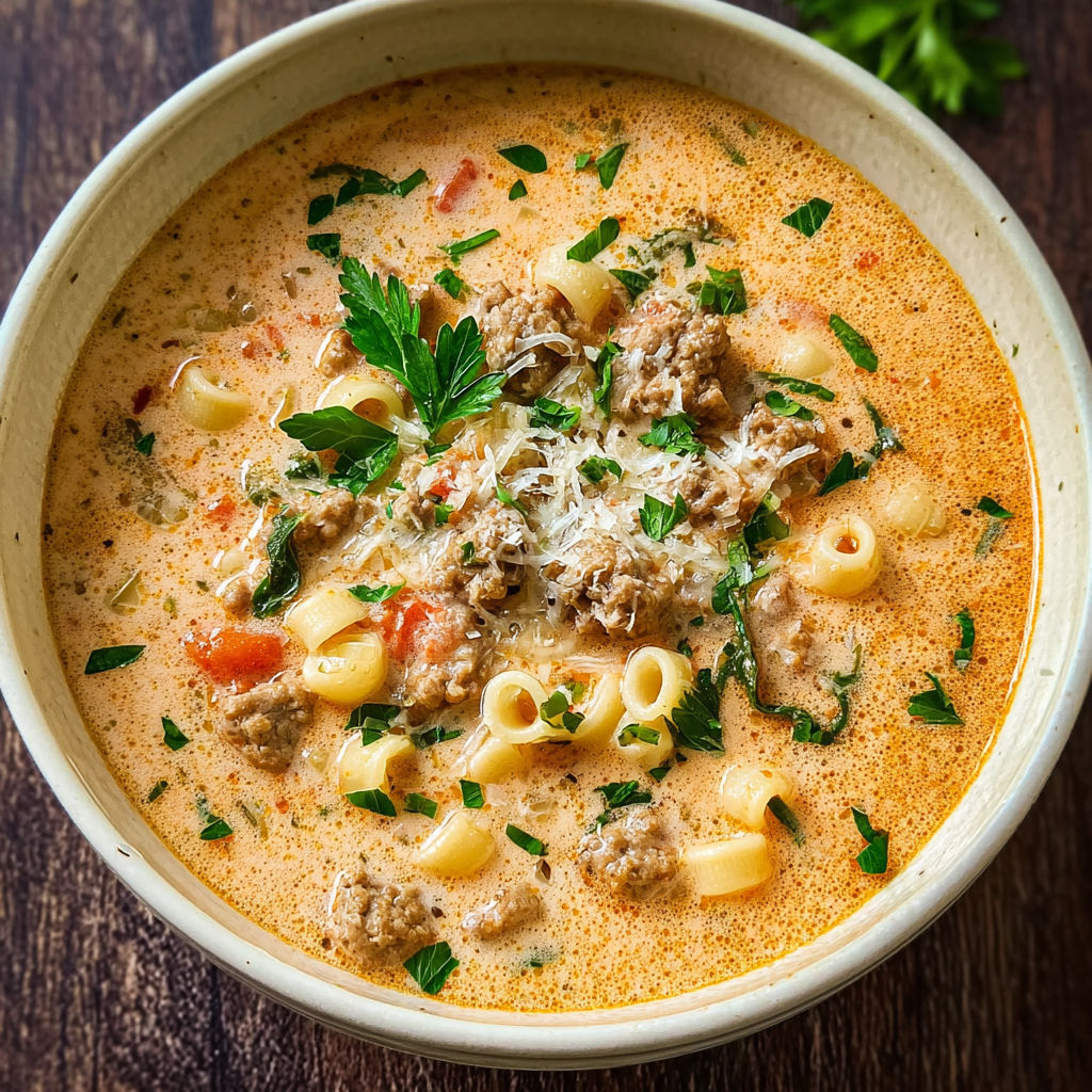A bowl of creamy Parmesan Italian sausage ditalini soup.