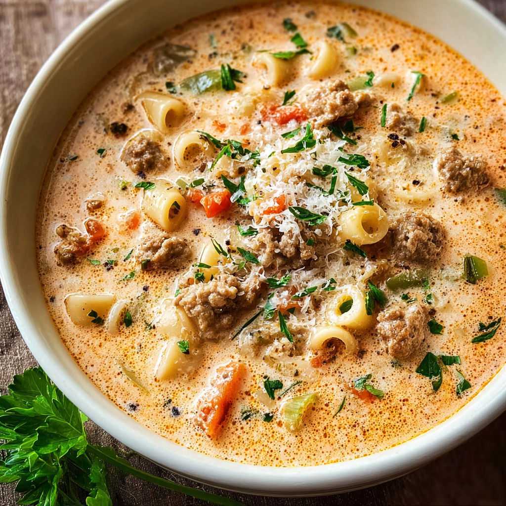 A bowl of creamy Parmesan Italian sausage ditalini soup.