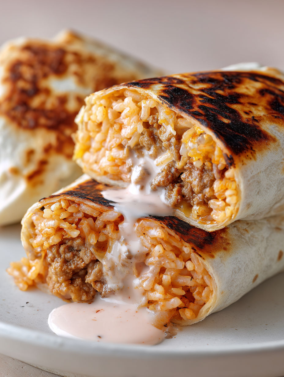 A burrito with rice and meat on it.