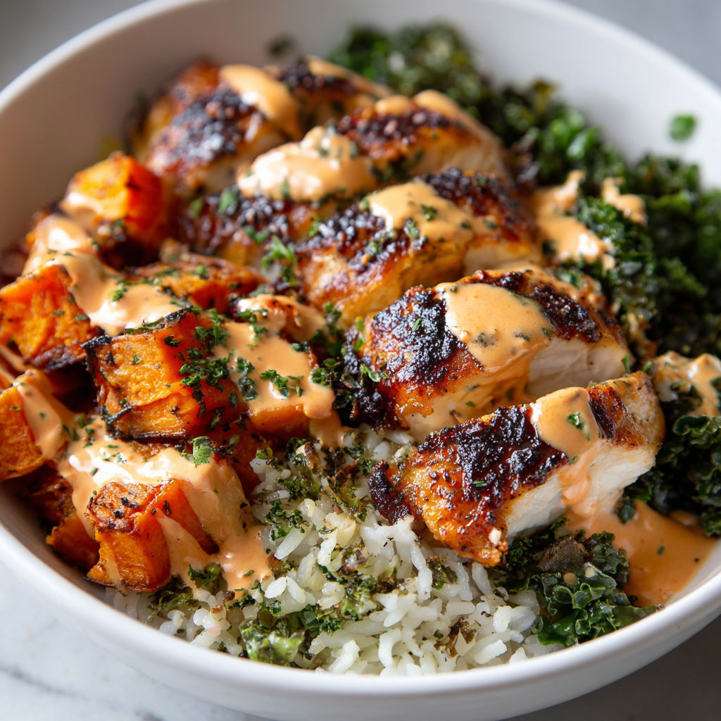 A bowl of roasted chicken, sweet potato, and kale.