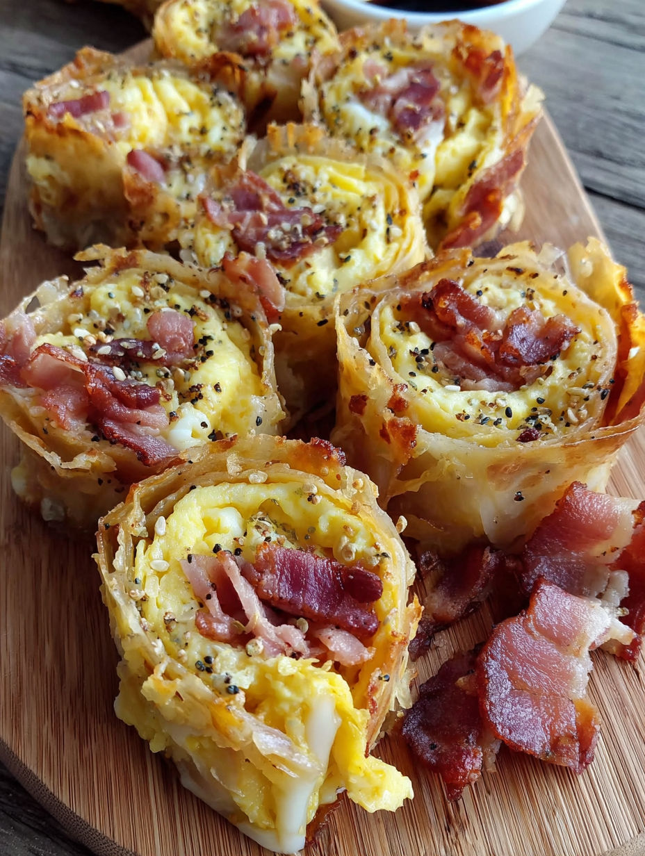 Bacon, egg, and cheese rice paper spiral.