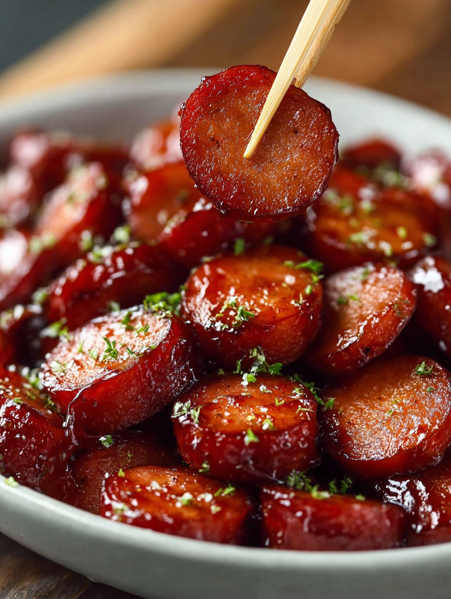 A plate of candied kielbasa bites.