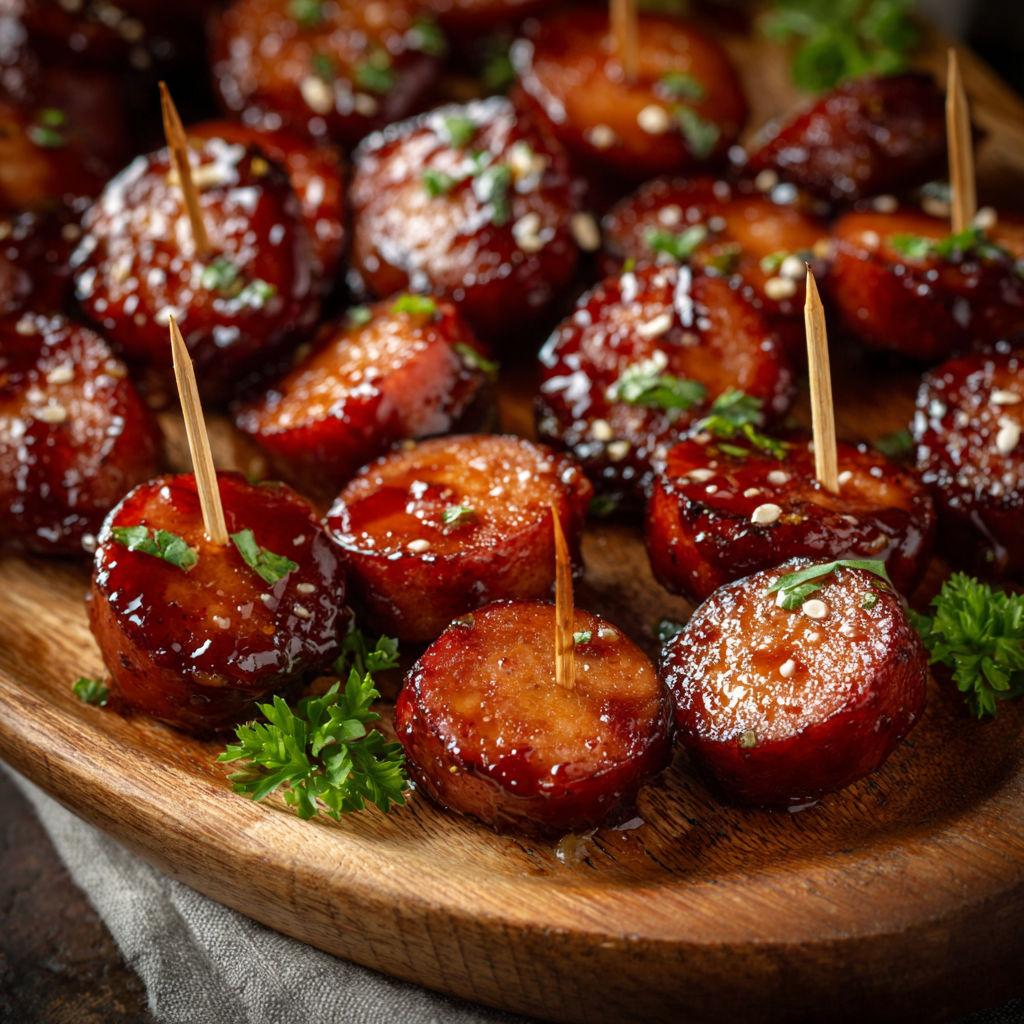 Candied Kielbasa Bites on a wooden platter.