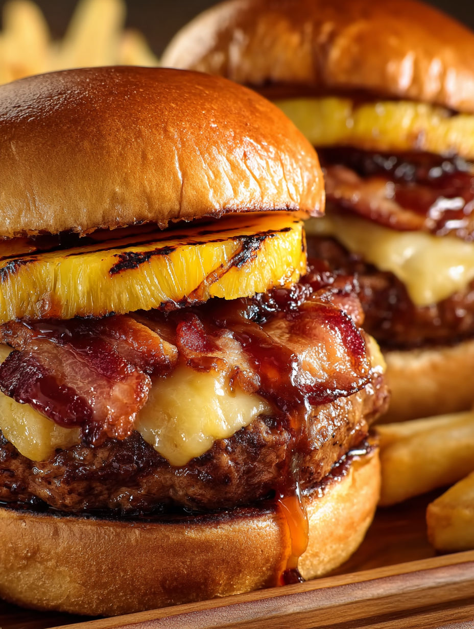 A BBQ Bacon Pineapple Burger with cheese and bacon.