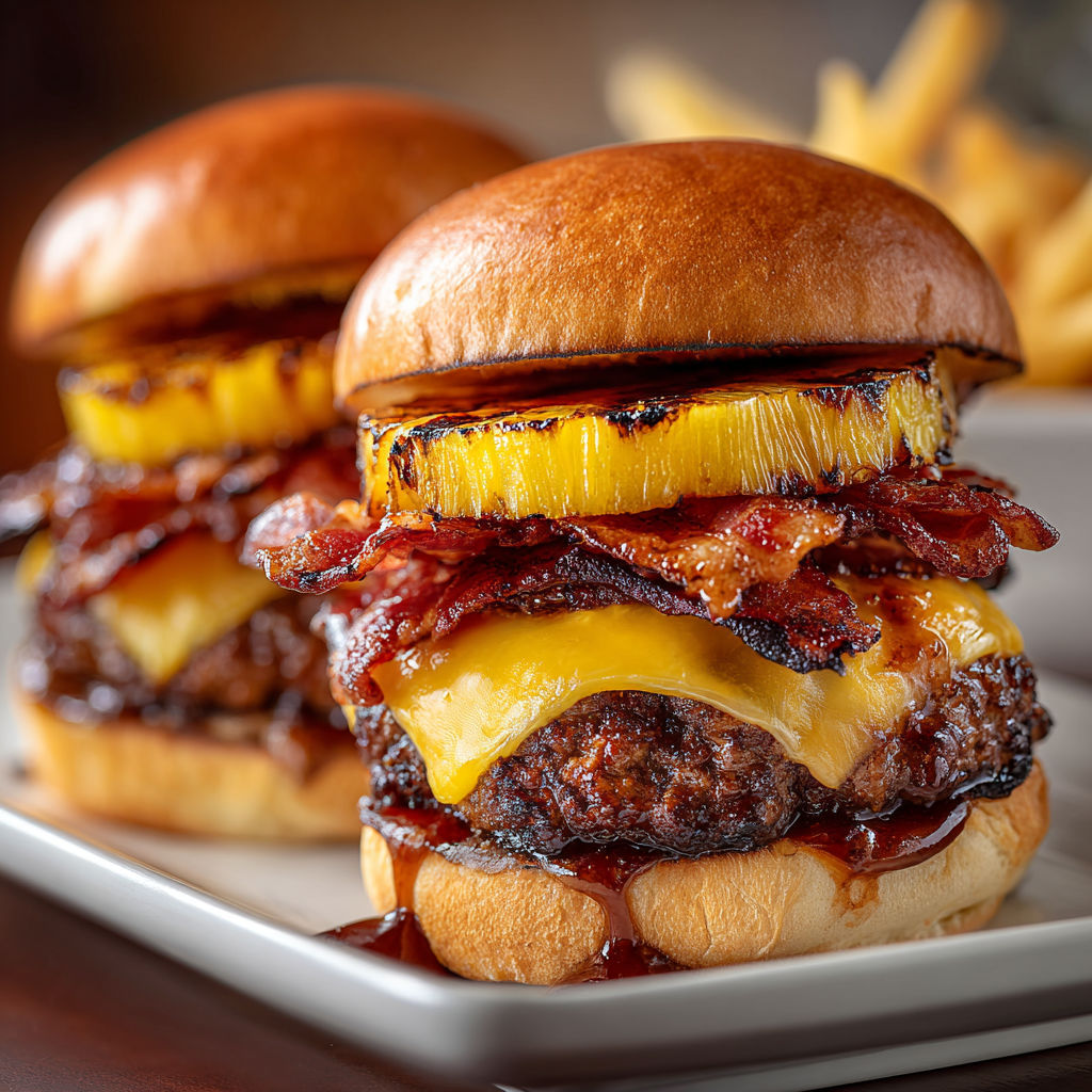 Two burgers with bacon and pineapple on top.