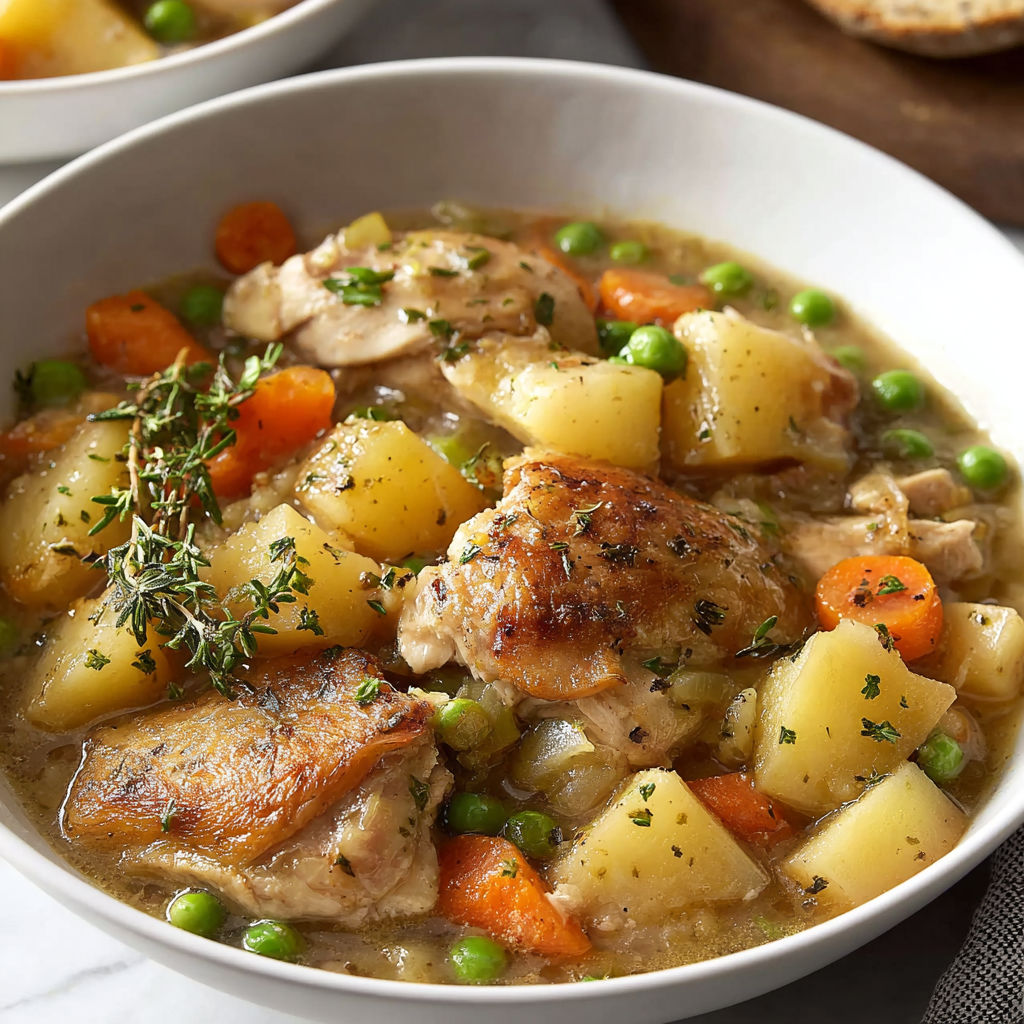 A bowl of chicken stew with peas and carrots.