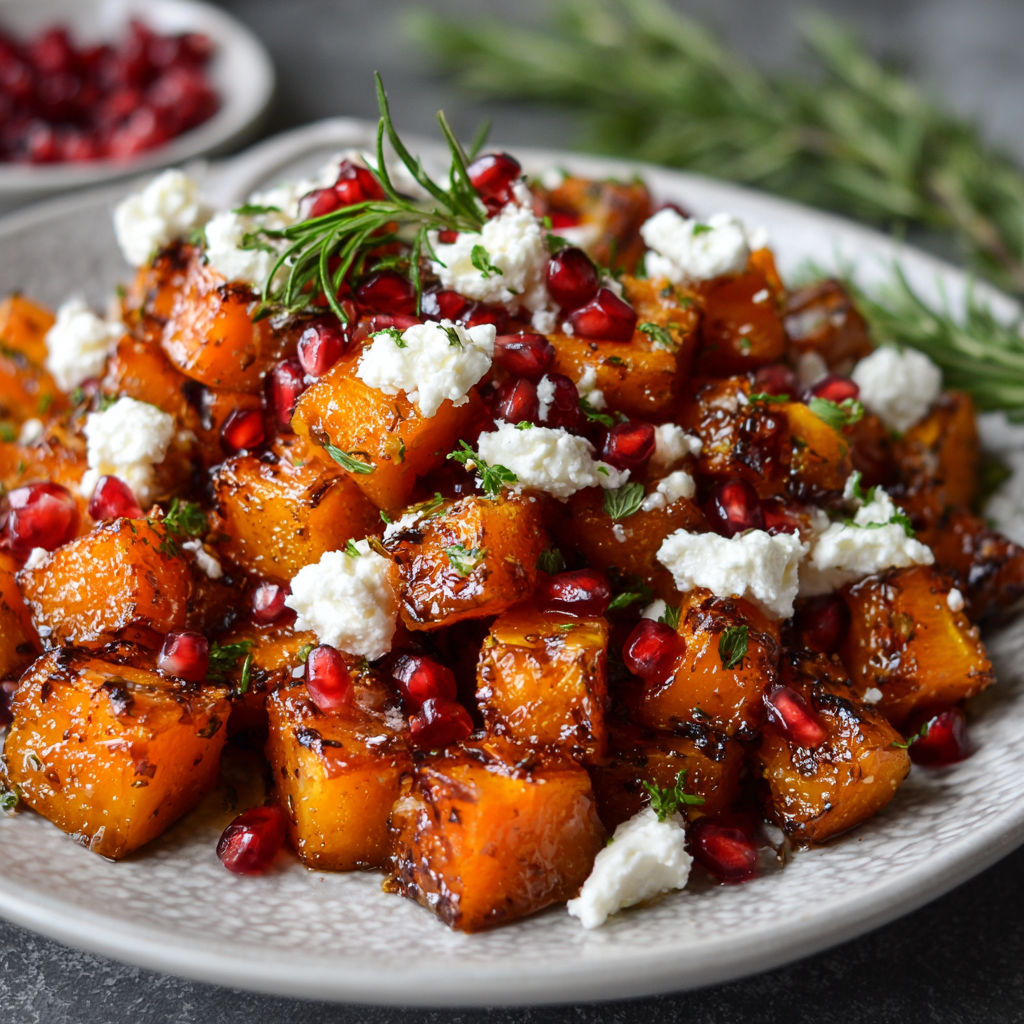 A plate of food with butternut squash and white cheese.