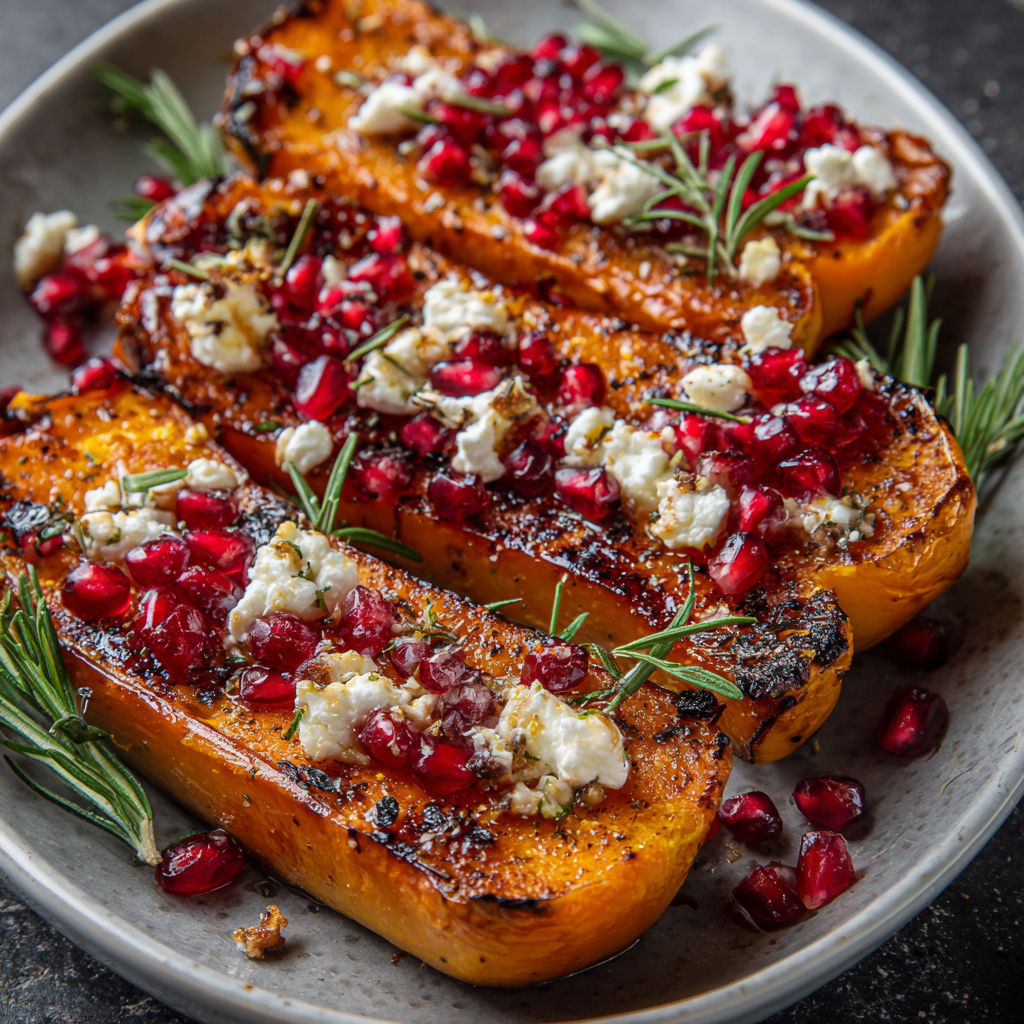 A plate of butternut squash with blueberries on top.
