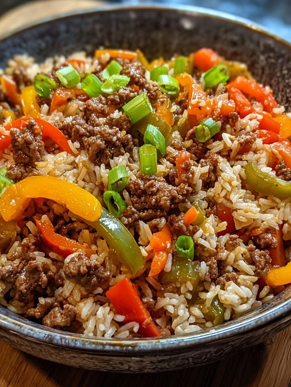 A bowl of beef and pepper rice.