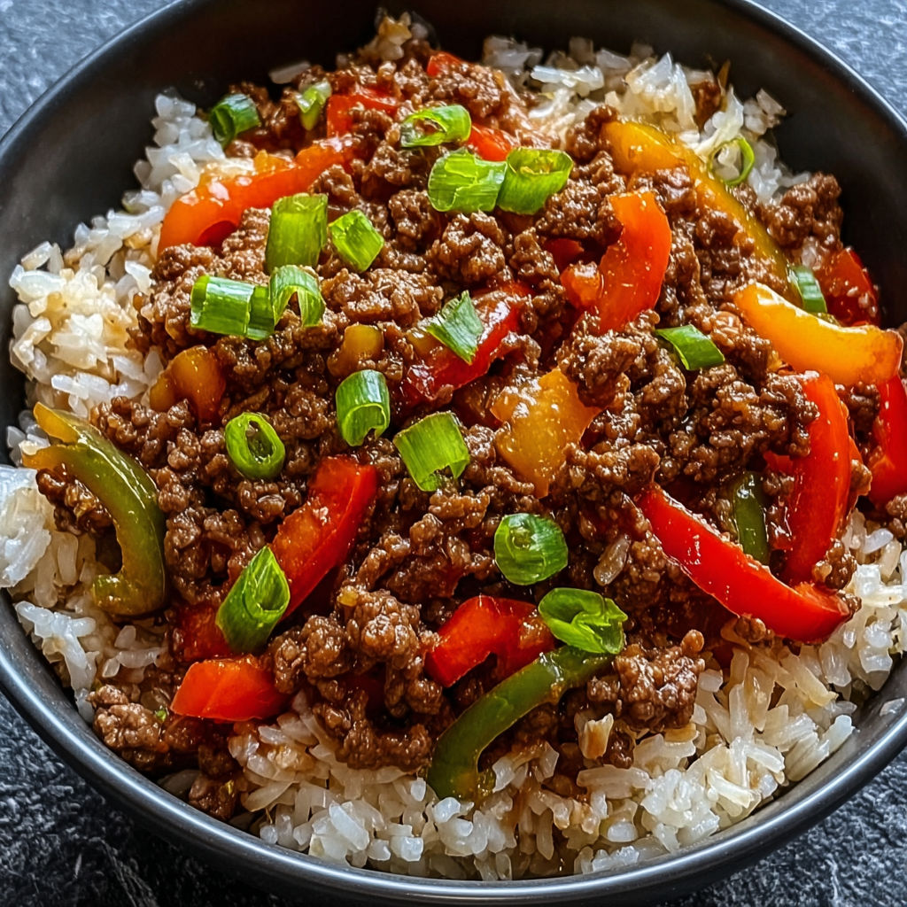 A bowl of rice with beef and peppers.