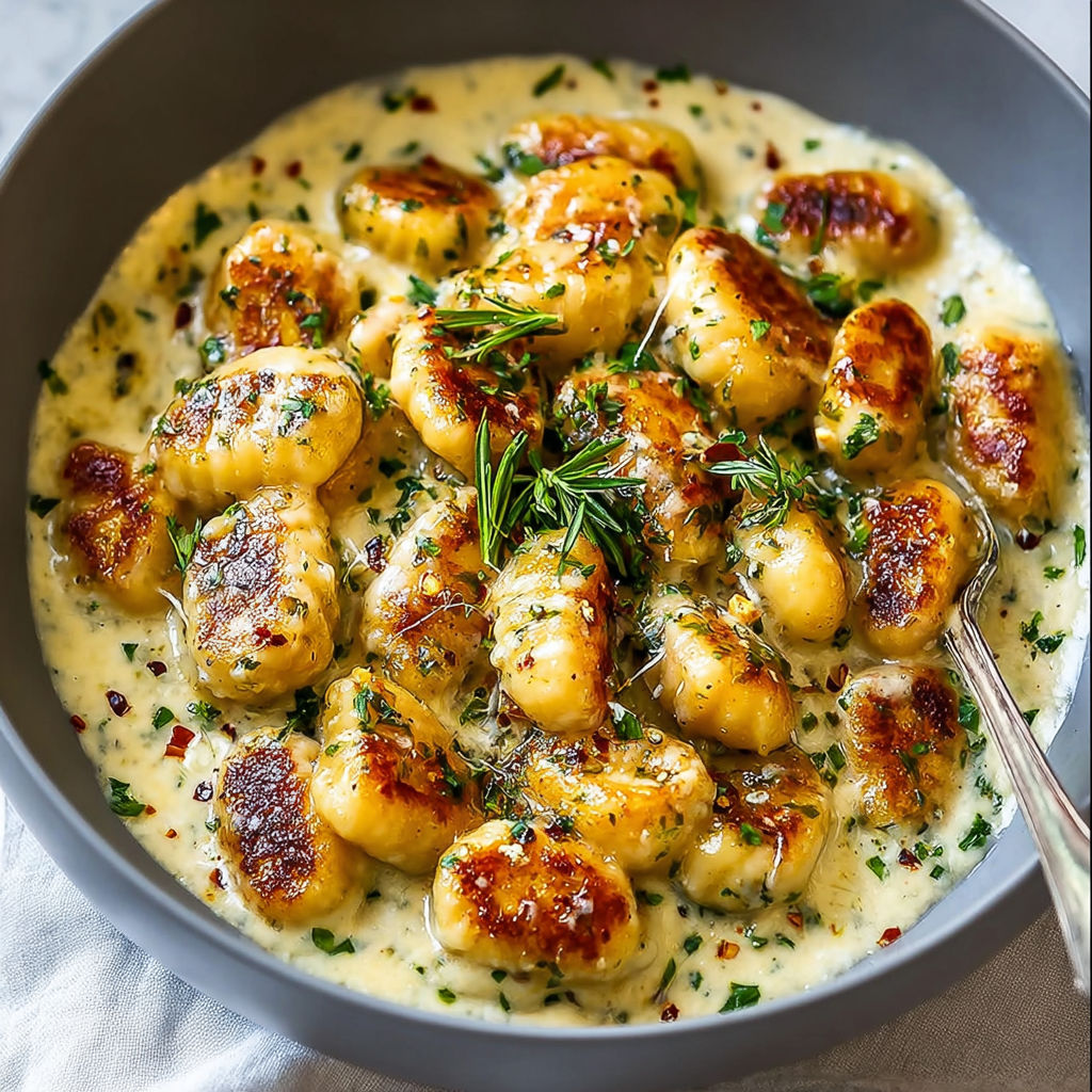 A bowl of gnocchi with a creamy sauce.
