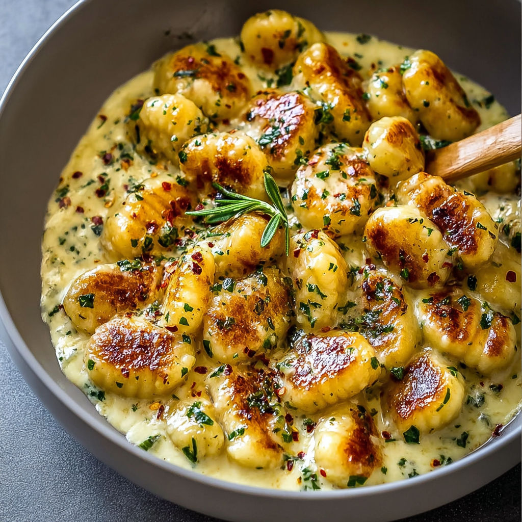 A bowl of gnocchi with a creamy sauce.