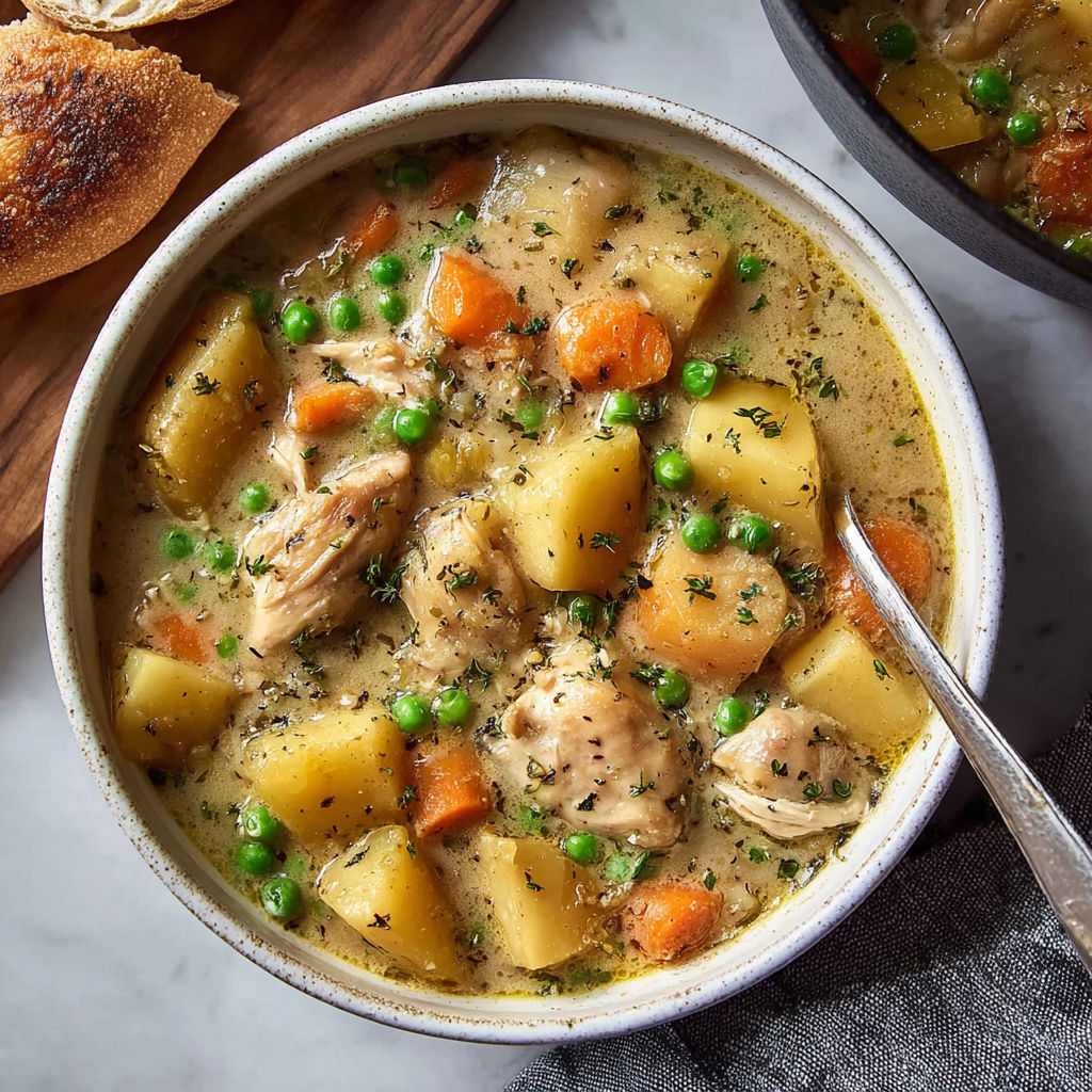 A bowl of chicken stew with peas and carrots.