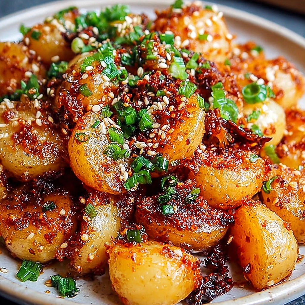 A plate of crispy Korean potatoes with a zesty shallot-lime sauce.