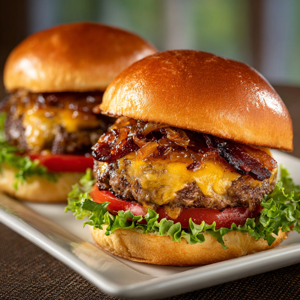 Two cheeseburgers with bacon on top.