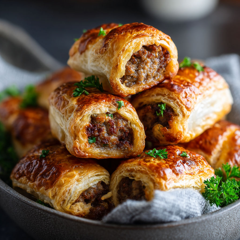A stack of sausage rolls on a plate.