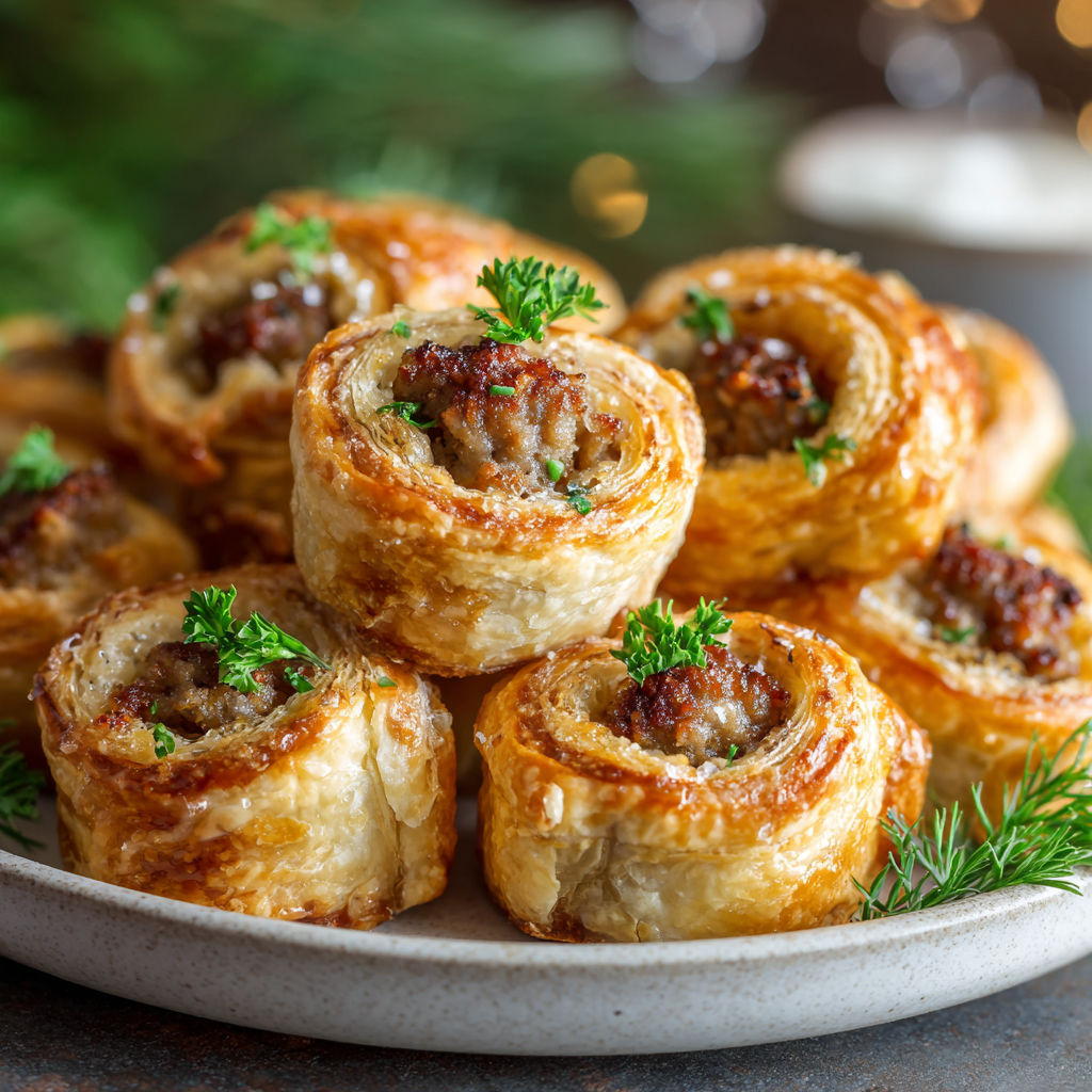A plate of sausage rolls with parsley on top.