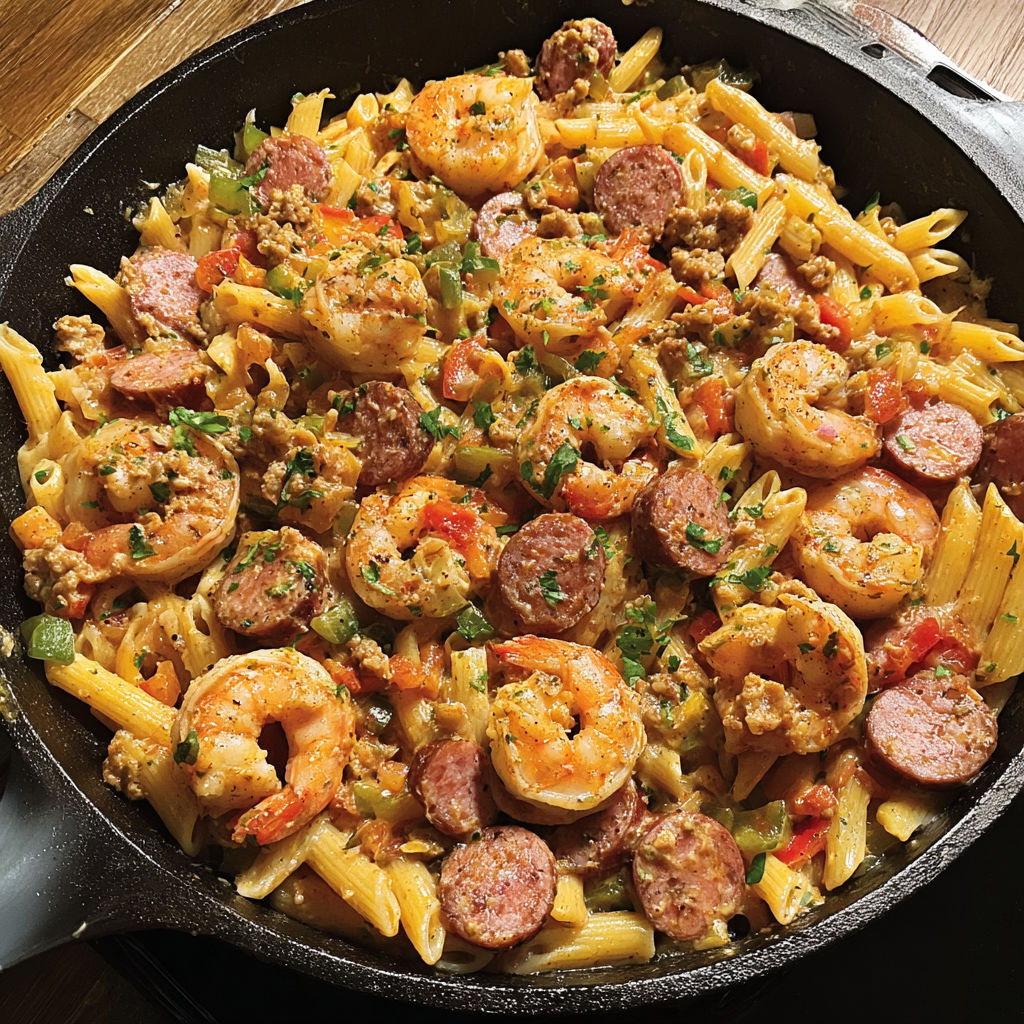 A skillet filled with shrimp, sausage, and pasta.