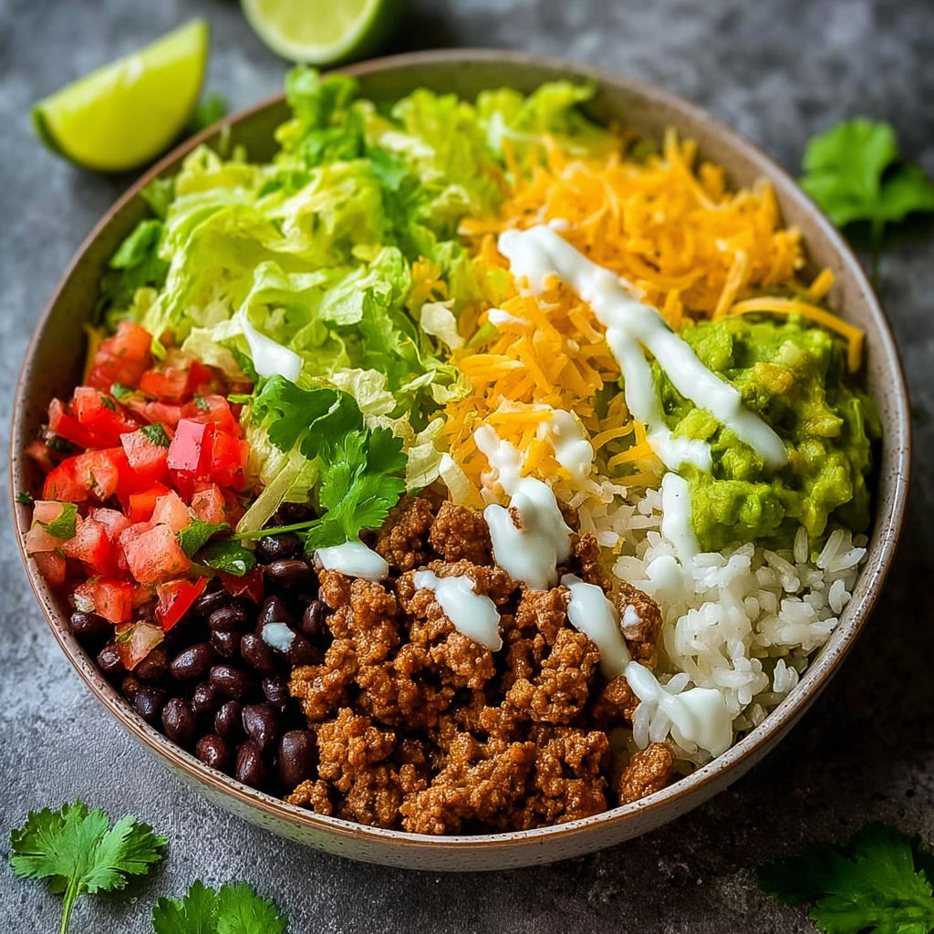 A bowl of food with lettuce, tomatoes, cheese, and meat.