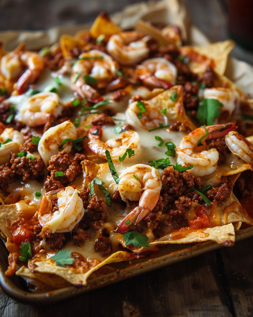 A plate of nachos with shrimp and beef.