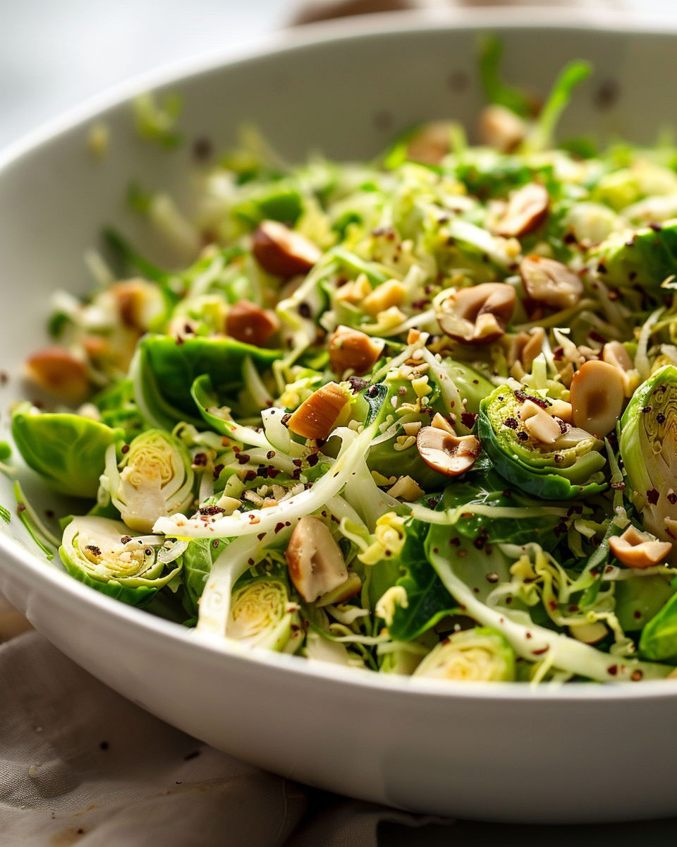 A bowl of shredded Brussels hazelnut crunch.