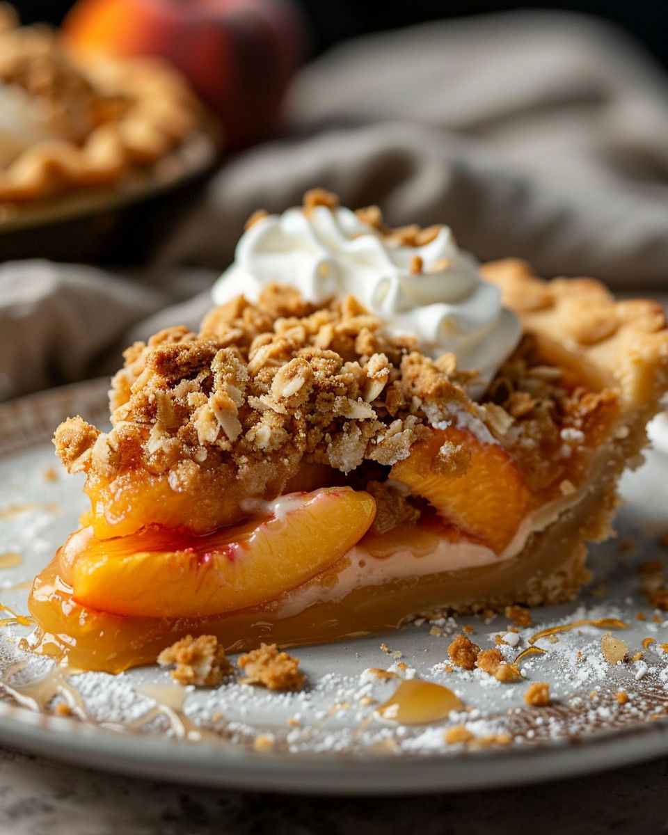 A slice of brown sugar crumble peach pie.