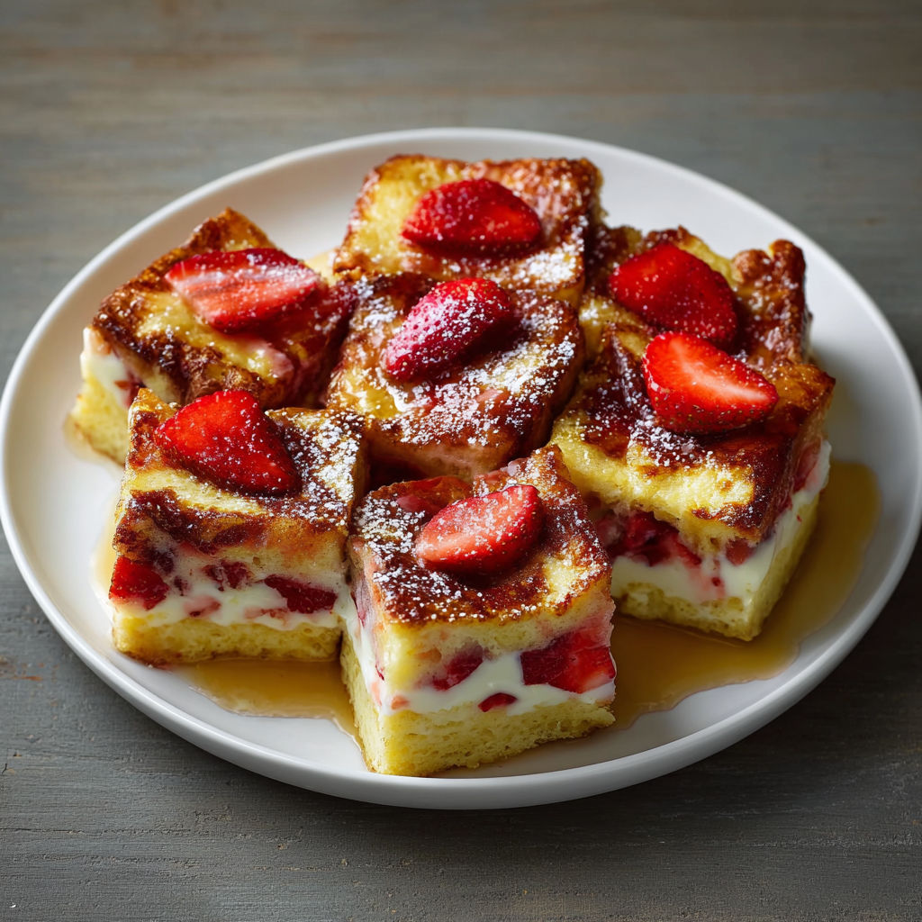 A plate of French toast with strawberries on top.