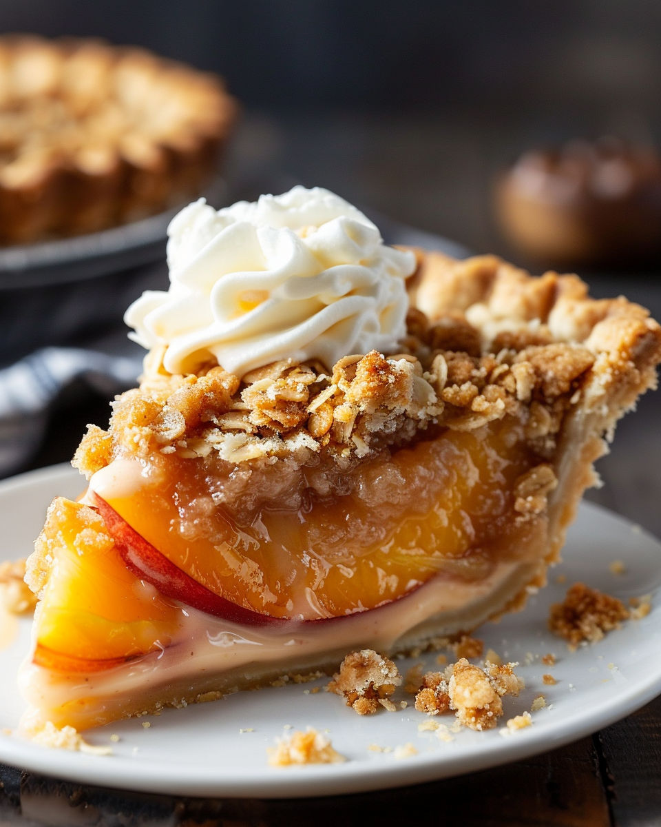 A slice of peach pie with a dollop of whipped cream on top.