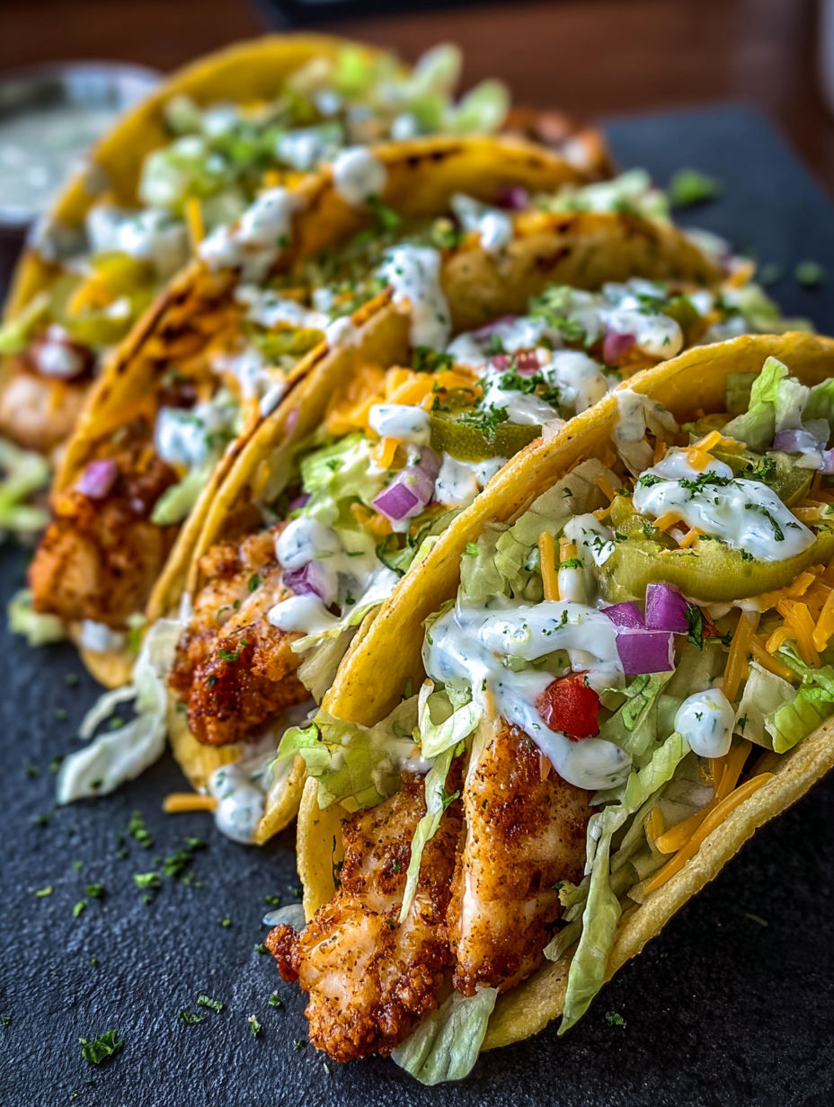 A plate of Dill Pickle Ranch Smash Chicken Tacos with Crispy Cheese Lace.