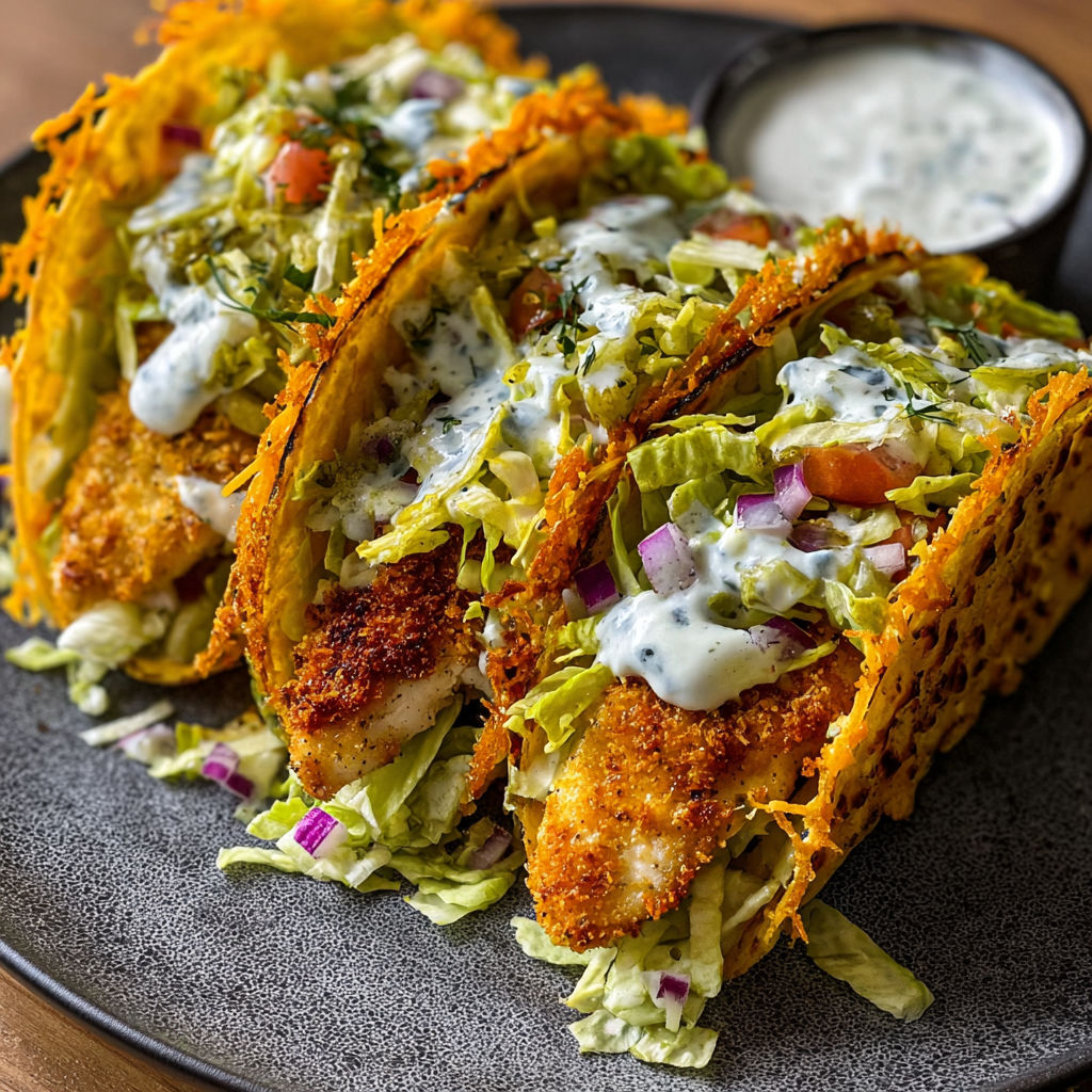 Two chicken tacos with crispy cheese lace and dill pickle ranch sauce.