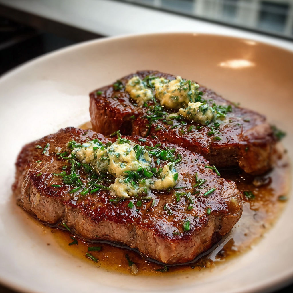Two pieces of steak with garlic butter on top.