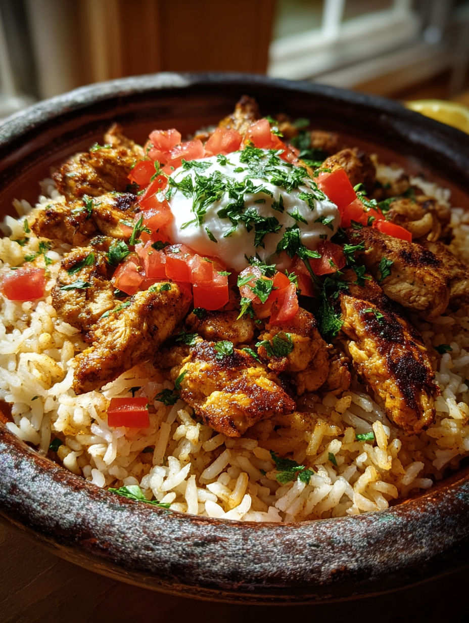 A bowl of rice with chicken and tomatoes.