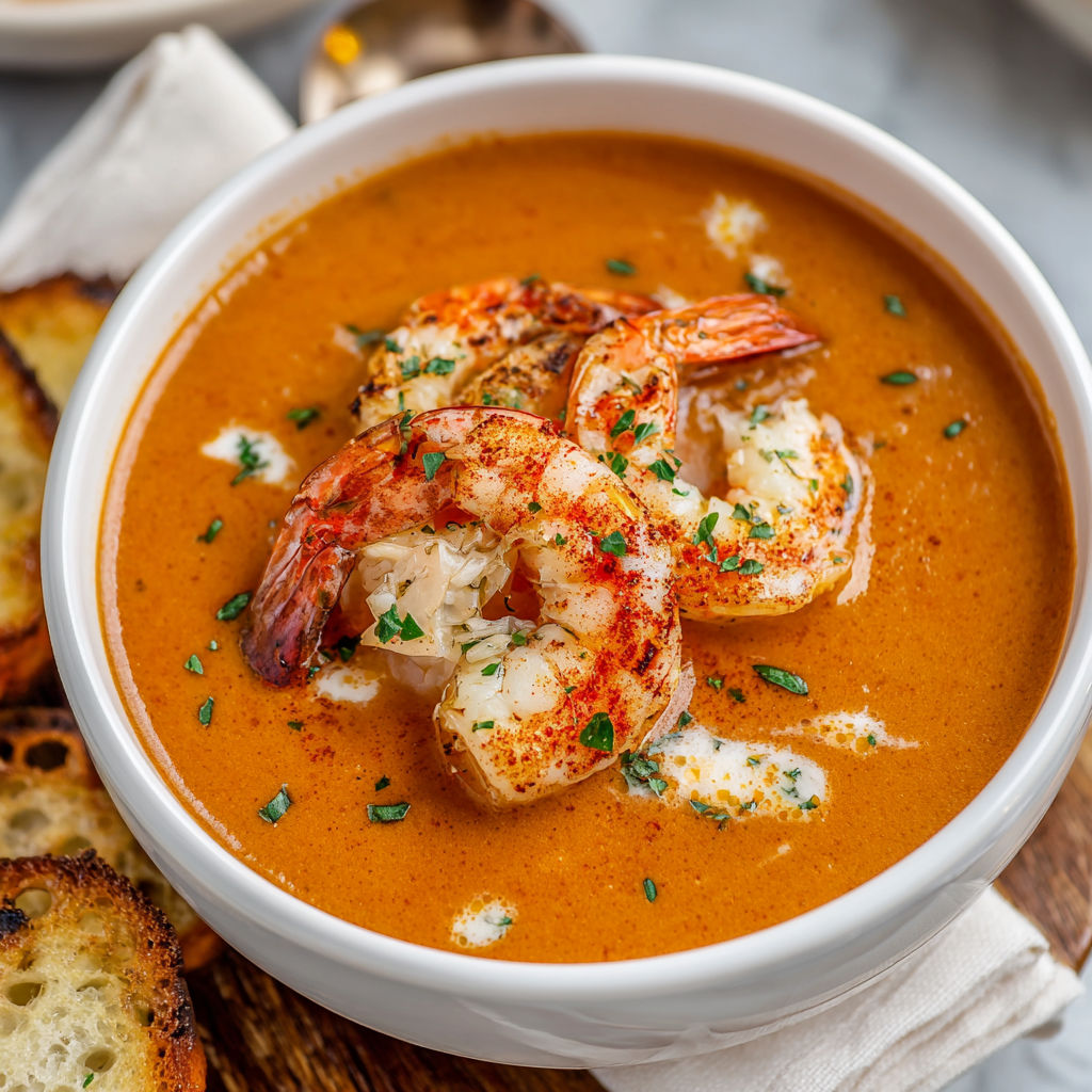 A bowl of seafood bisque with shrimp and lobster.
