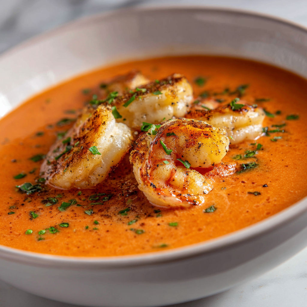 A bowl of seafood bisque with shrimp and scallops.