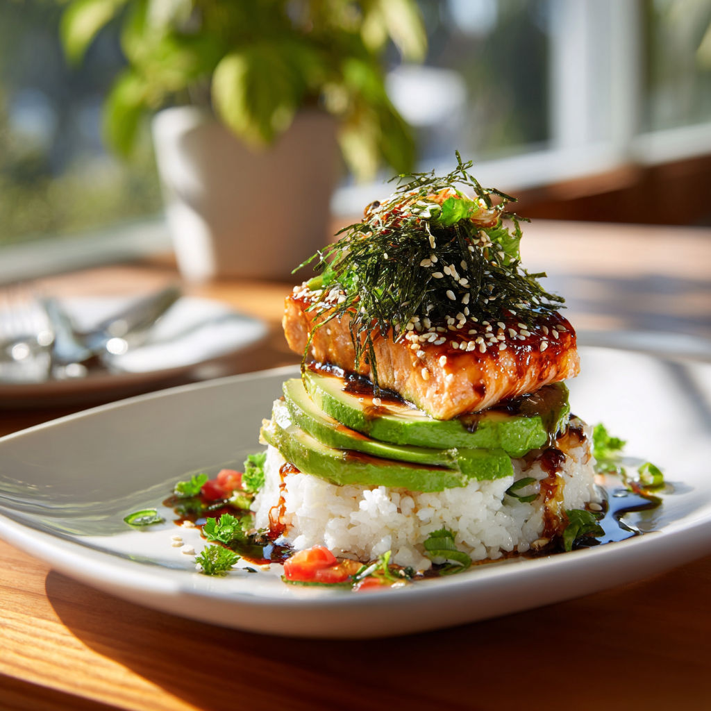A plate of food with rice, avocado, and salmon.