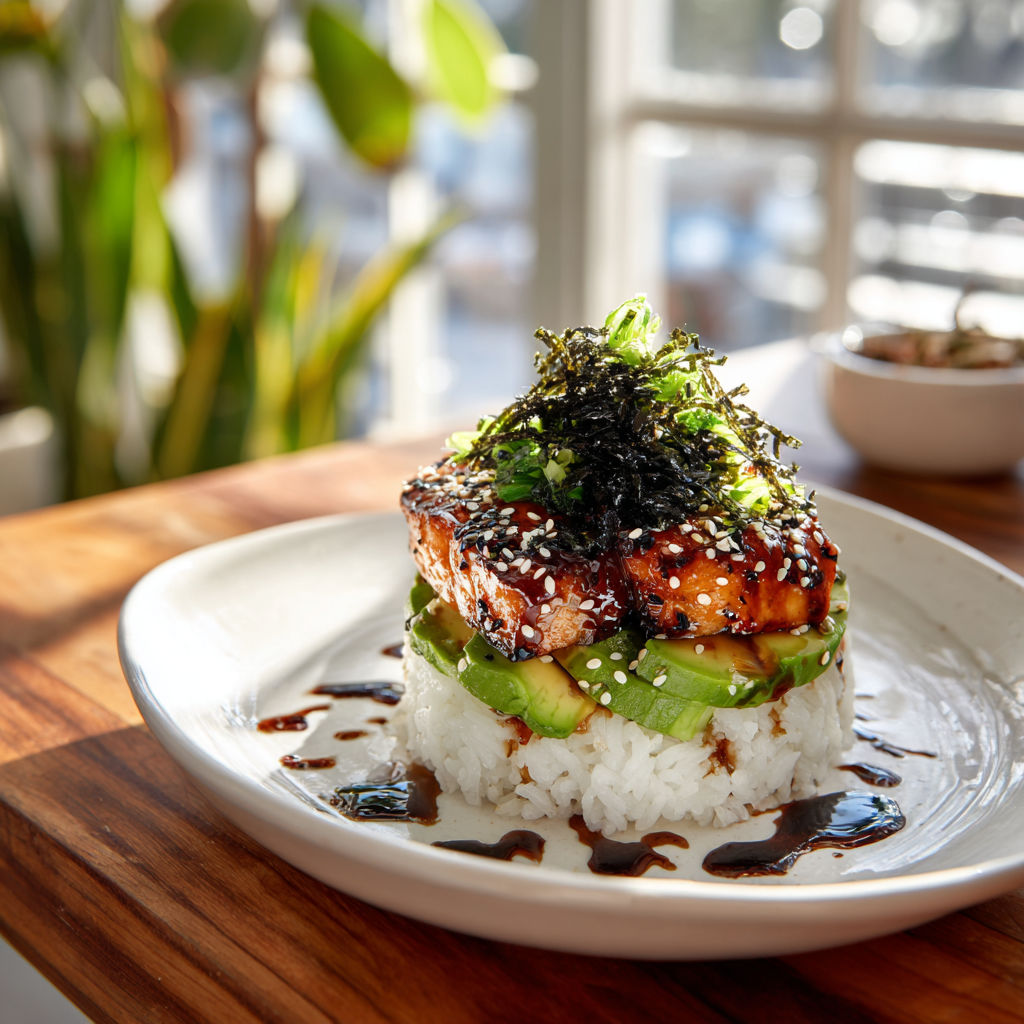 A plate of food with rice, avocado, and salmon.