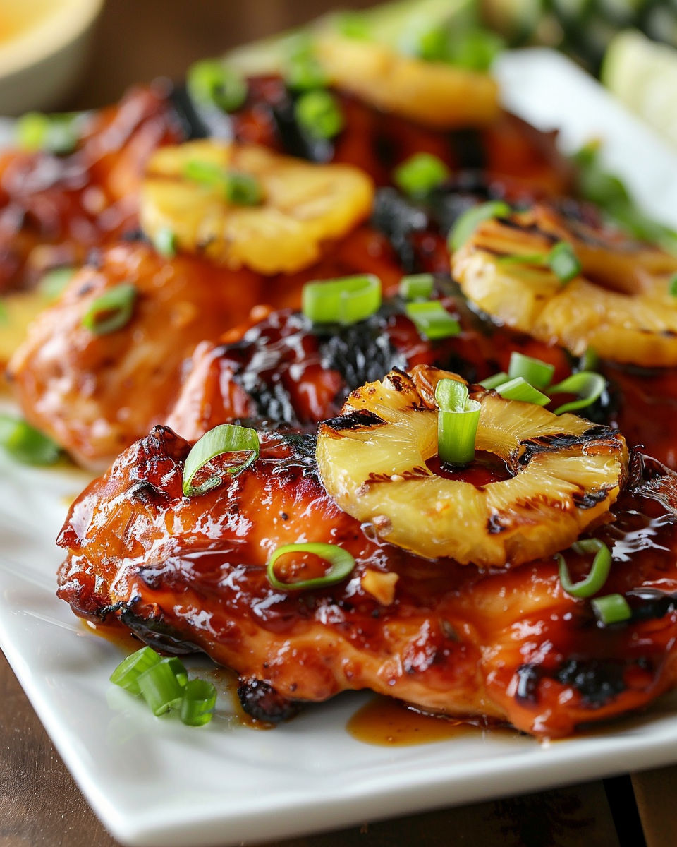 A plate of Huli Huli Chicken with pineapple and green onions.