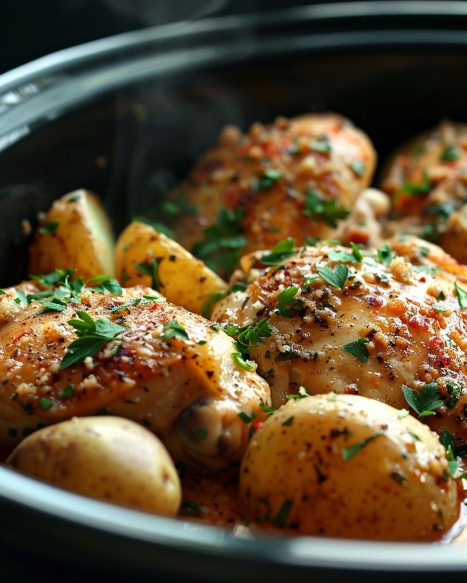 A crockpot filled with garlic parmesan chicken and potatoes.