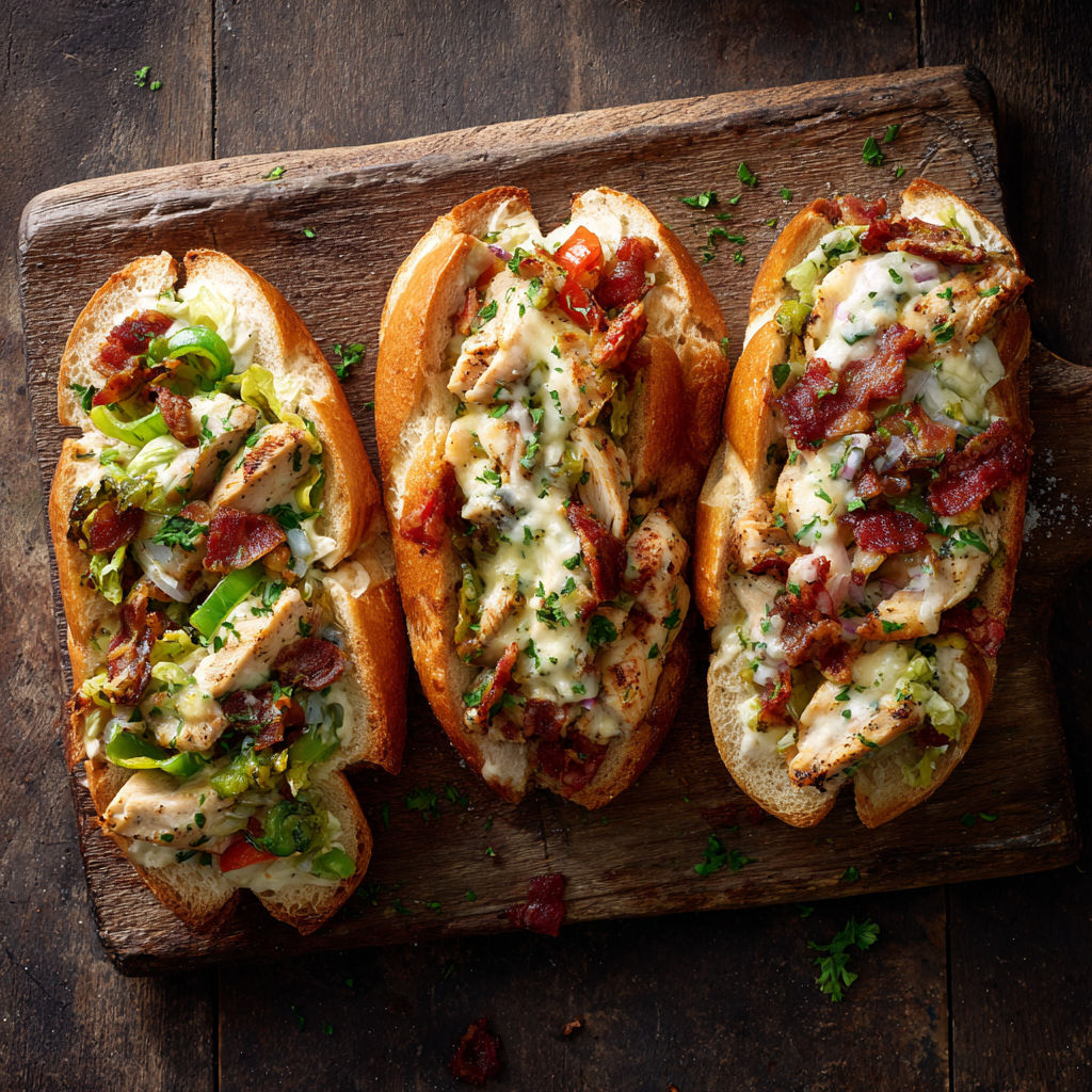 Three sandwiches with chicken, bacon, and ranch dressing.