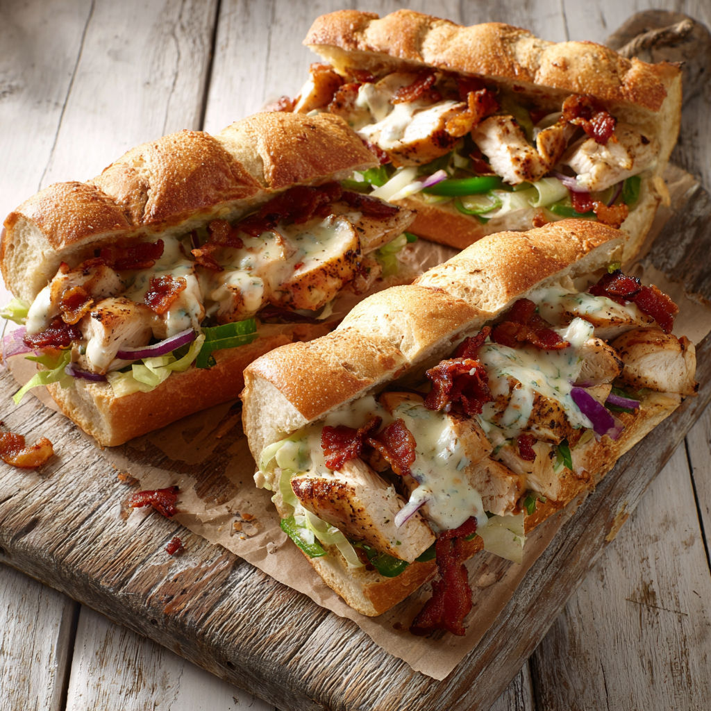 A whole and a broken Chicken Bacon Ranch Baked Sub.