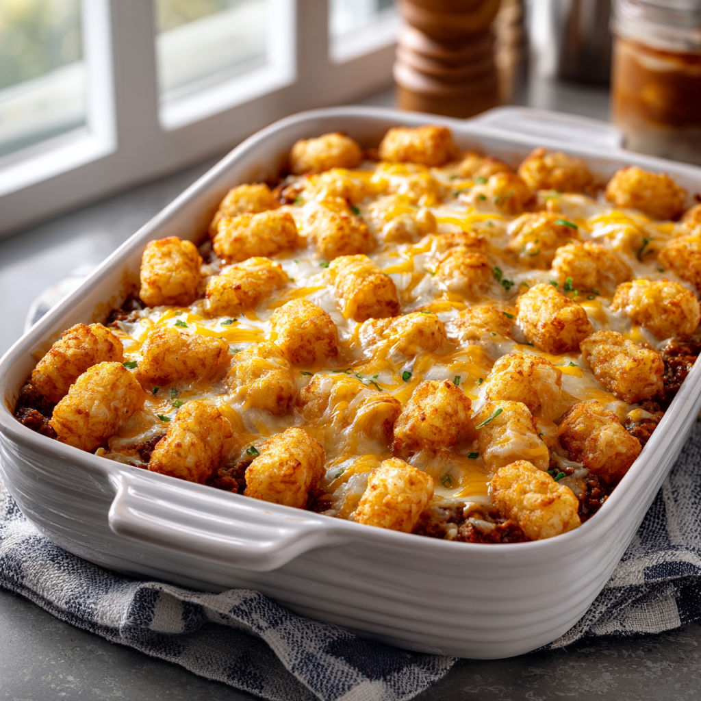 A skillet of tater tots with cheese and sauce.