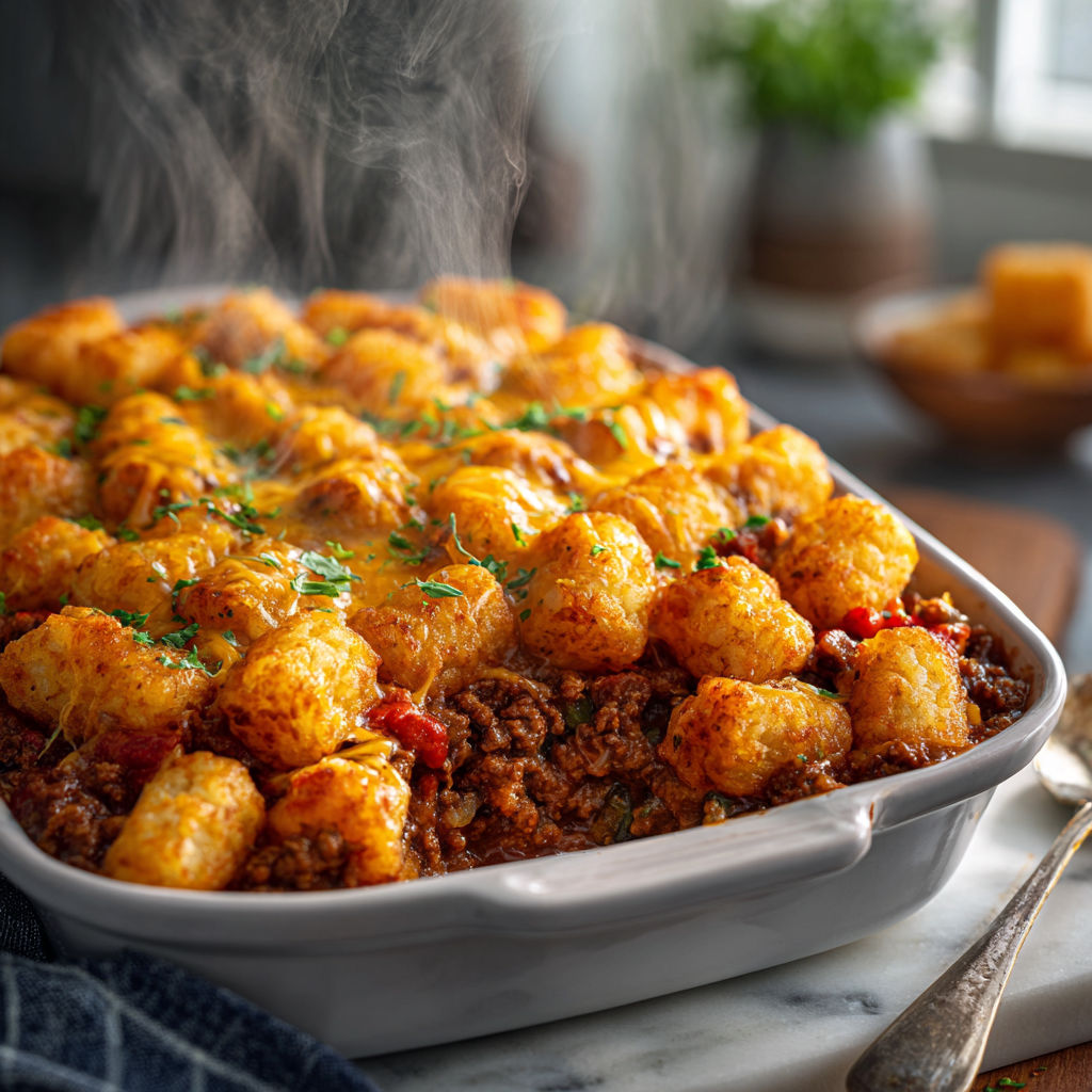 A skillet filled with tater tots and sloppy joe.