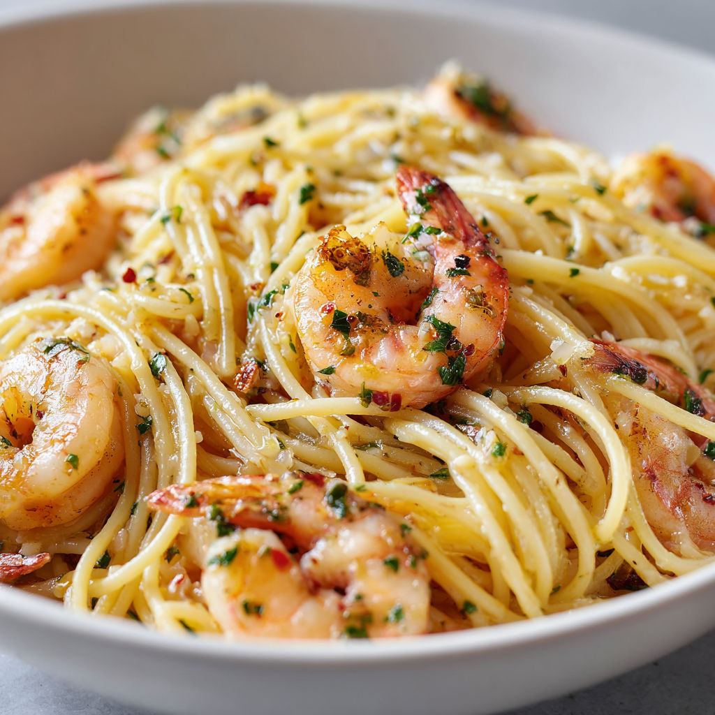 A bowl of garlic butter shrimp pasta.