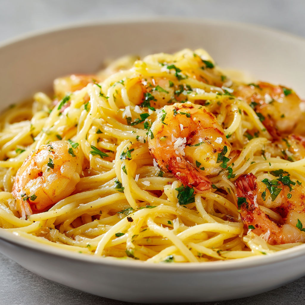 A bowl of garlic butter shrimp pasta.