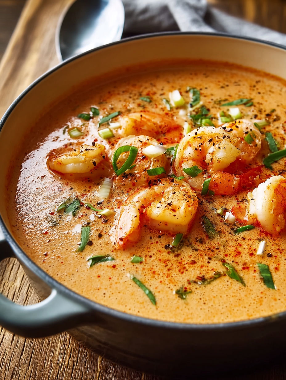 A bowl of seafood bisque with shrimp, onions, and herbs.