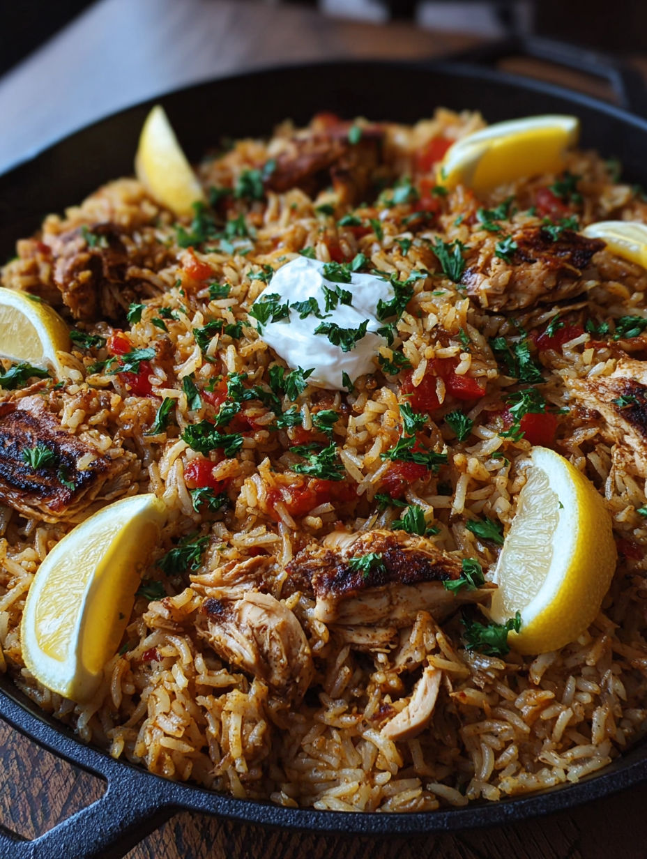 A dish of rice with chicken and lemon wedges.