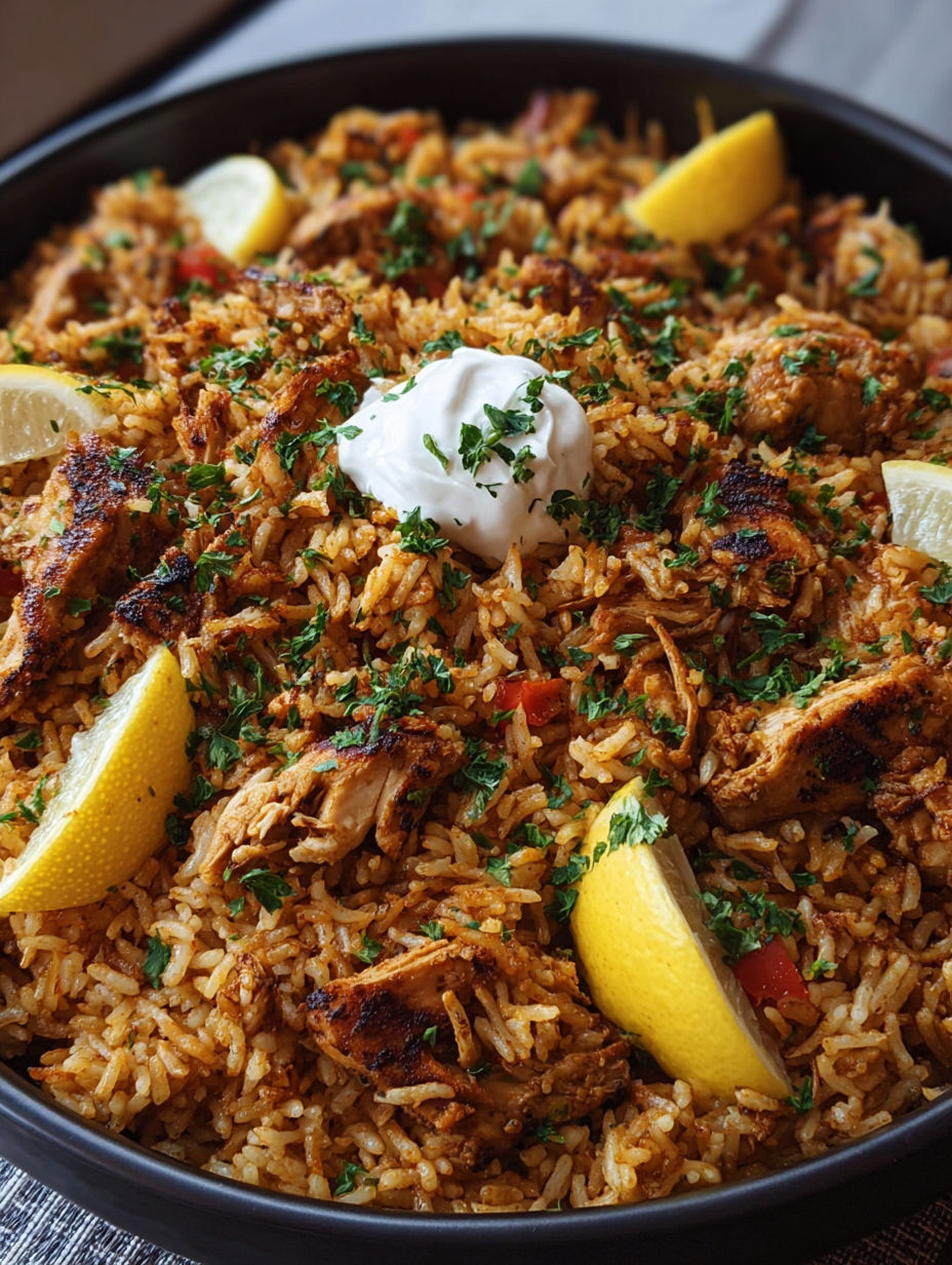 A dish of rice with chicken and lemon wedges.